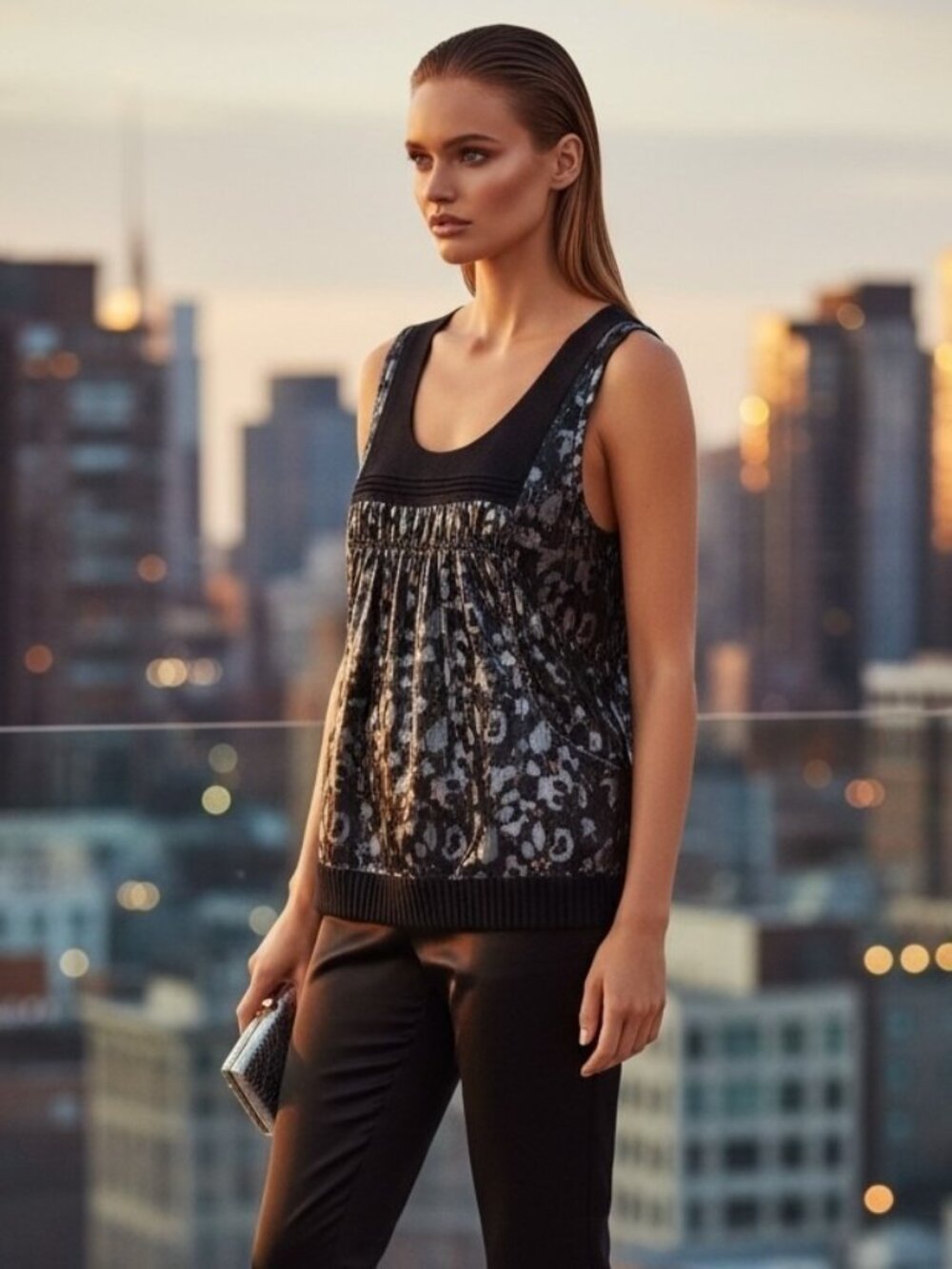 Tory Burch Metallic Leopard Jacquard Sleeveless Top Black Silver Size 12